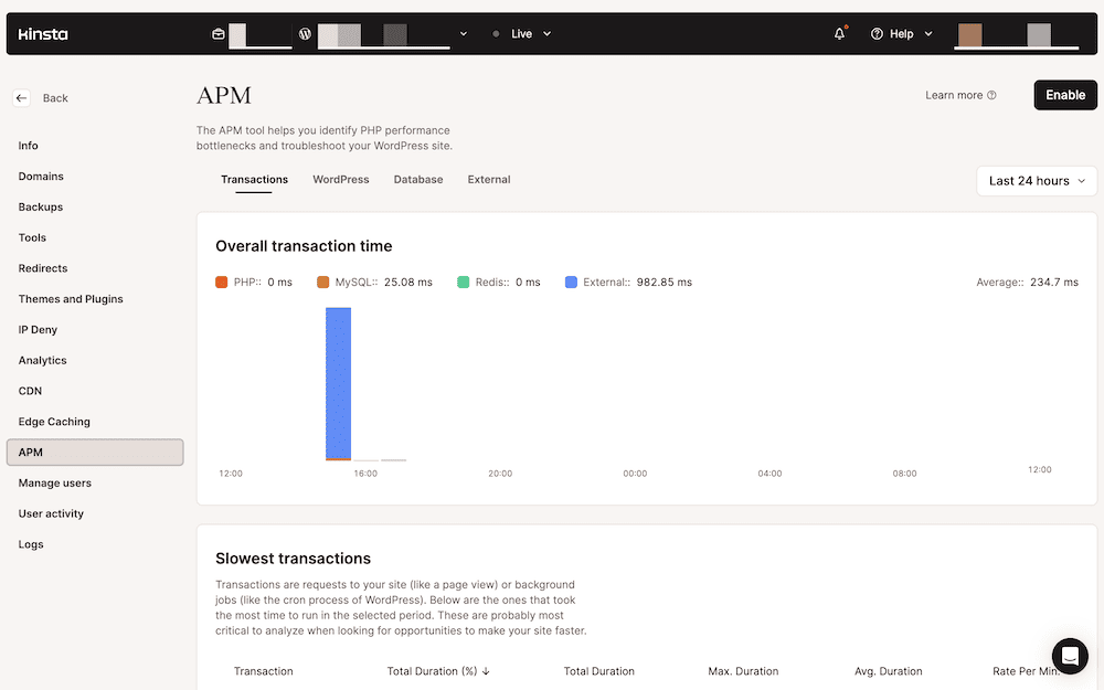 Das Kinsta APM Dashboard mit dem Diagramm "Gesamte Transaktionszeit", das die Antwortzeit für PHP, MySQL und externe Dienste über einen bestimmten Zeitraum aufschlüsselt. Der Abschnitt darunter listet die "langsamsten Transaktionen" mit Metriken wie Gesamtdauer und Durchschnittsdauer auf.