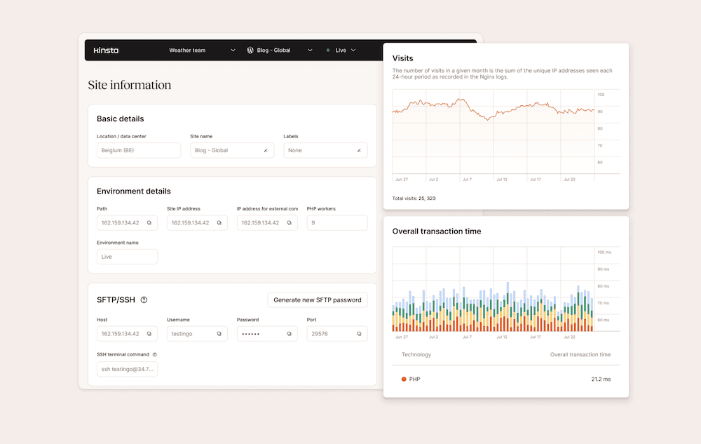 El panel de control de alojamiento de Kinsta muestra "Información del sitio" con secciones para detalles básicos, detalles del entorno e información SFTP/SSH. Los gráficos de visitas al sitio y el tiempo total de transacción son visibles, proporcionando analíticas sobre el rendimiento de tu sitio web.