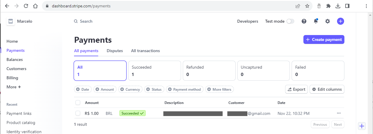 Page de détails de paiement de Stripe.