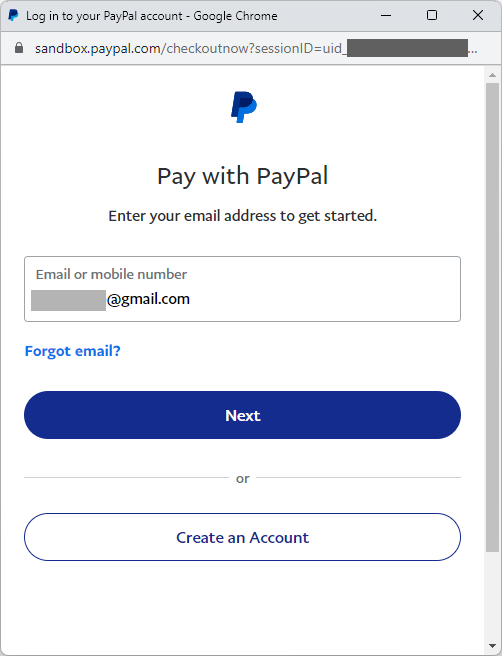 Fluxo do PayPal com opções para fazer login ou registrar-se.