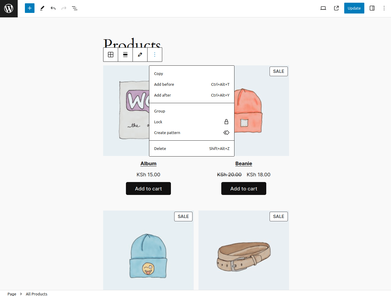 The Products page displays a menu with the options to Copy, Add before, Add after, Group, Lock, Create pattern, and Delete