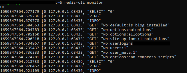Schermata che mostra le richieste del server Redis all'interno del terminale.