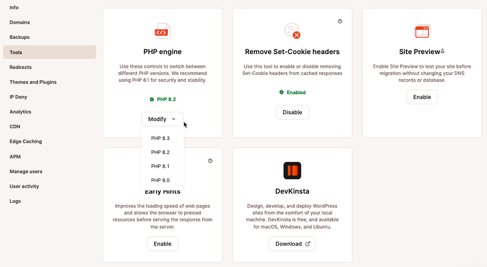 Captura de pantalla que muestra la selección de la versión 8.3 en la herramienta del motor PHP de MyKinsta.