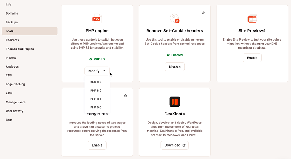 Screenshot showing the selection of version 8.3 in MyKinsta's PHP engine tool.