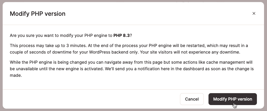 Screenshot showing the confirmation dialog for changing PHP versions.