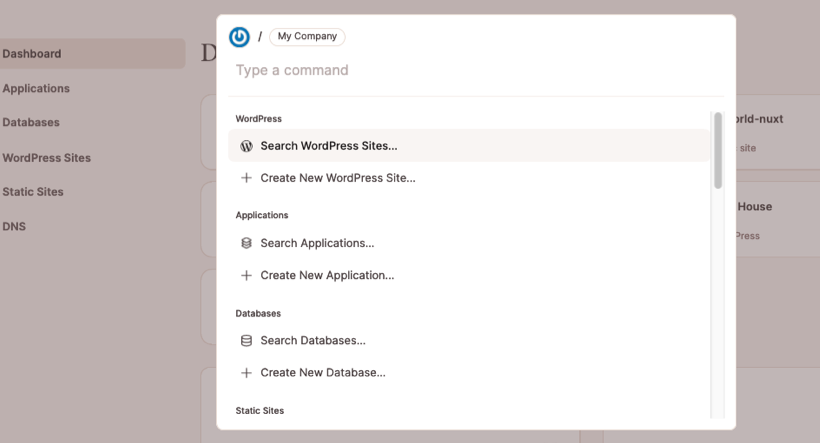 Screenshot showing the omni-search command dialog on launch.