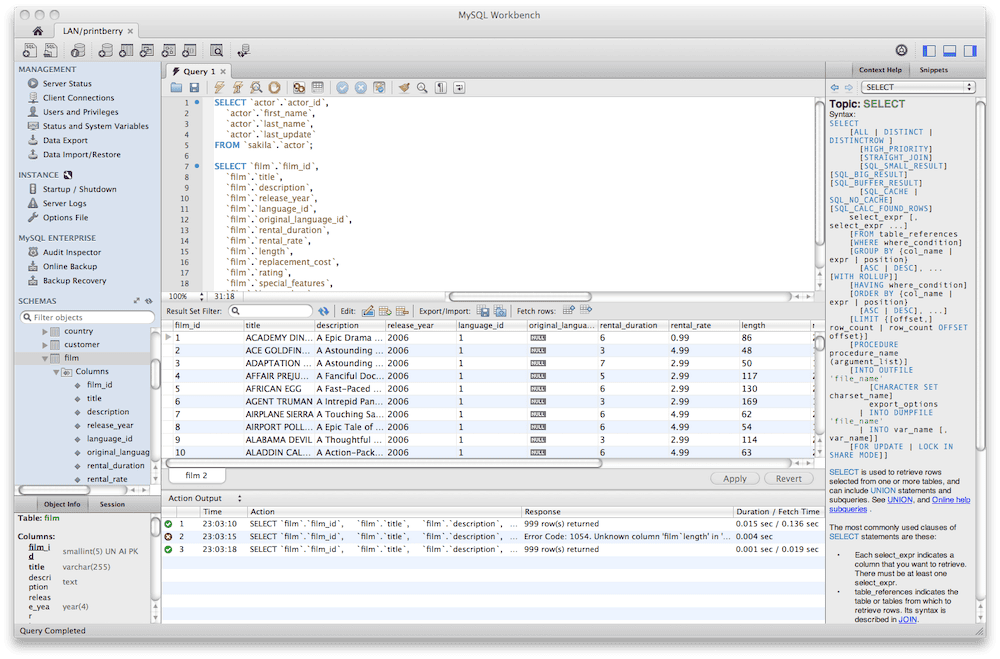Una vista detallada de MySQL Workbench mostrando dos consultas SQL en el editor y el panel de resultados debajo. La barra lateral izquierda enumera los esquemas de la base de datos, y la barra de herramientas de la parte superior ofrece diversas funciones para la gestión de la base de datos. Un cuadro de fragmentos en la parte derecha ofrece ayuda sobre la sintaxis SQL.