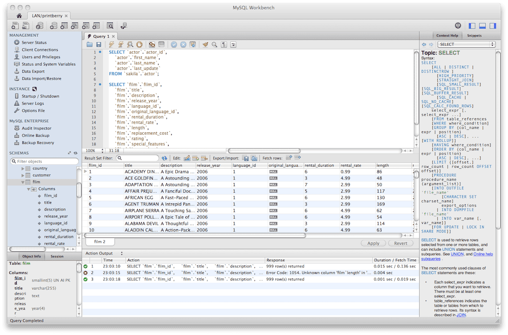 Een gedetailleerde weergave van MySQL Workbench met twee SQL queries in de editor en het resultatenvenster eronder. De linker zijbalk toont databaseschema's en de werkbalk bovenaan biedt verschillende functies voor databasebeheer. Een snippet box aan de rechterkant biedt hulp bij de SQL syntax.