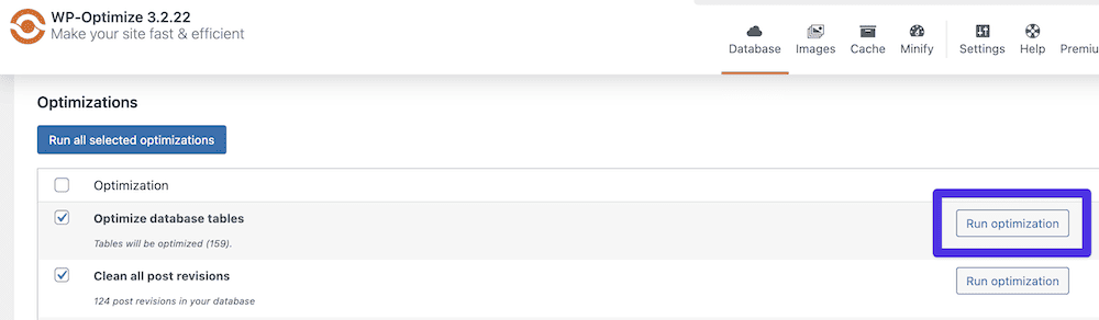 A section of the WP-Optimize plugin interface in the WordPress dashboard, showing the 'Optimize database tables' option selected with a 'Run optimization' button highlighted. The interface indicates that the optimization will affect 159 tables.