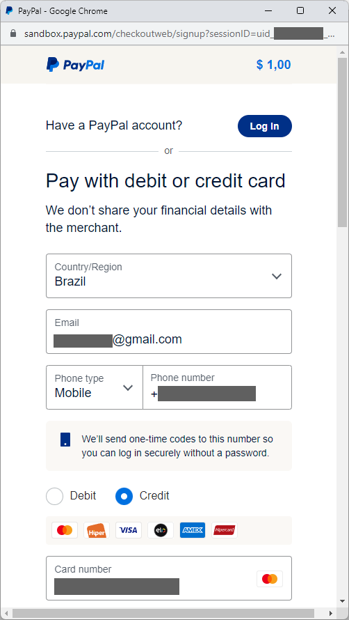 Options to pay with a debit or credit card, including a country or region menu, a field for email, a phone type menu and field for the number, radio buttons to choose debit or credit, and a field for the card number
