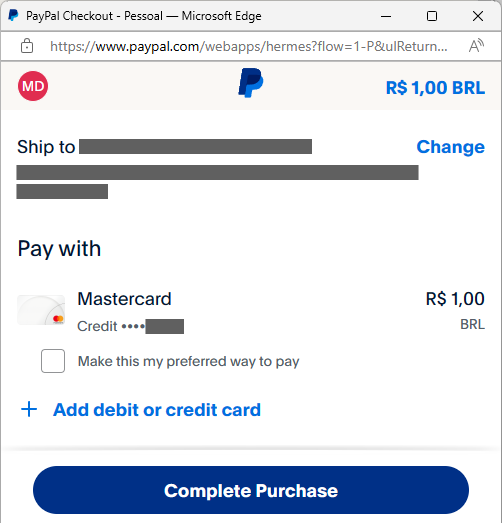 Payment details with cost, ship to address and a link to change, list of debit or credit cards to choose, a checkbox to make it the preferred method, a link to add a card, and a button to complete purchase