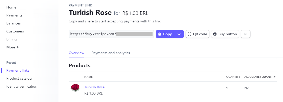 Détails de la page LIEN DE PAIEMENT Stripe.