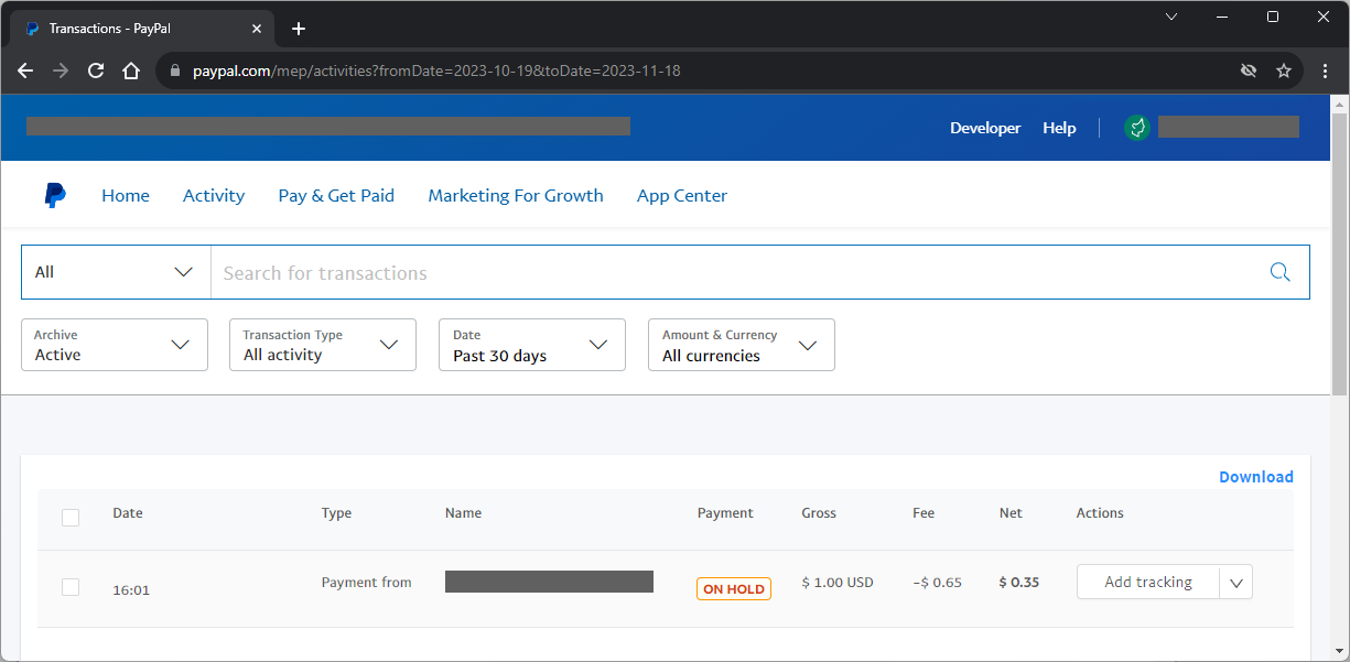 Detalles de las transacciones en PayPal, incluyendo la fecha, el tipo, el nombre, el pago, el importe bruto, la tarifa, el importe neto y un menú para acciones como añadir seguimiento