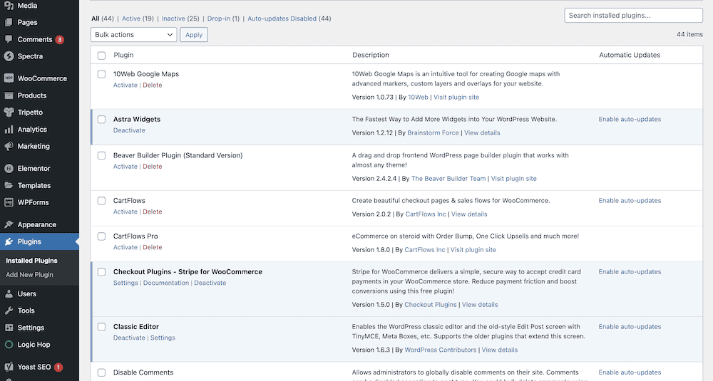 The WordPress dashboard showing a list of installed plugins. Each plugin has a description, with options to activate, deactivate, or delete, and settings for automatic updates.