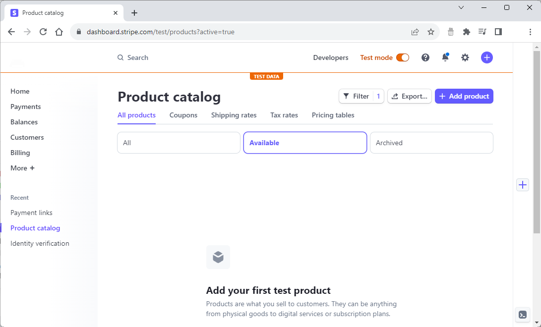 Product catalog page with options to list all, available, or archived products and a button to add a product.