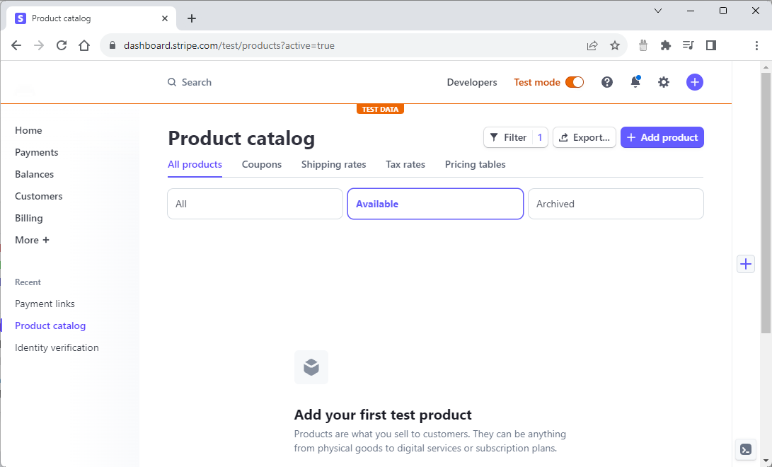 Página do catálogo de produtos do Stripe.