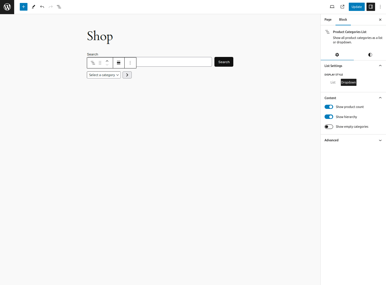 El panel del editor del bloque Lista de Categorías de Productos contiene un conmutador para el estilo de visualización del bloque, configurado como desplegable