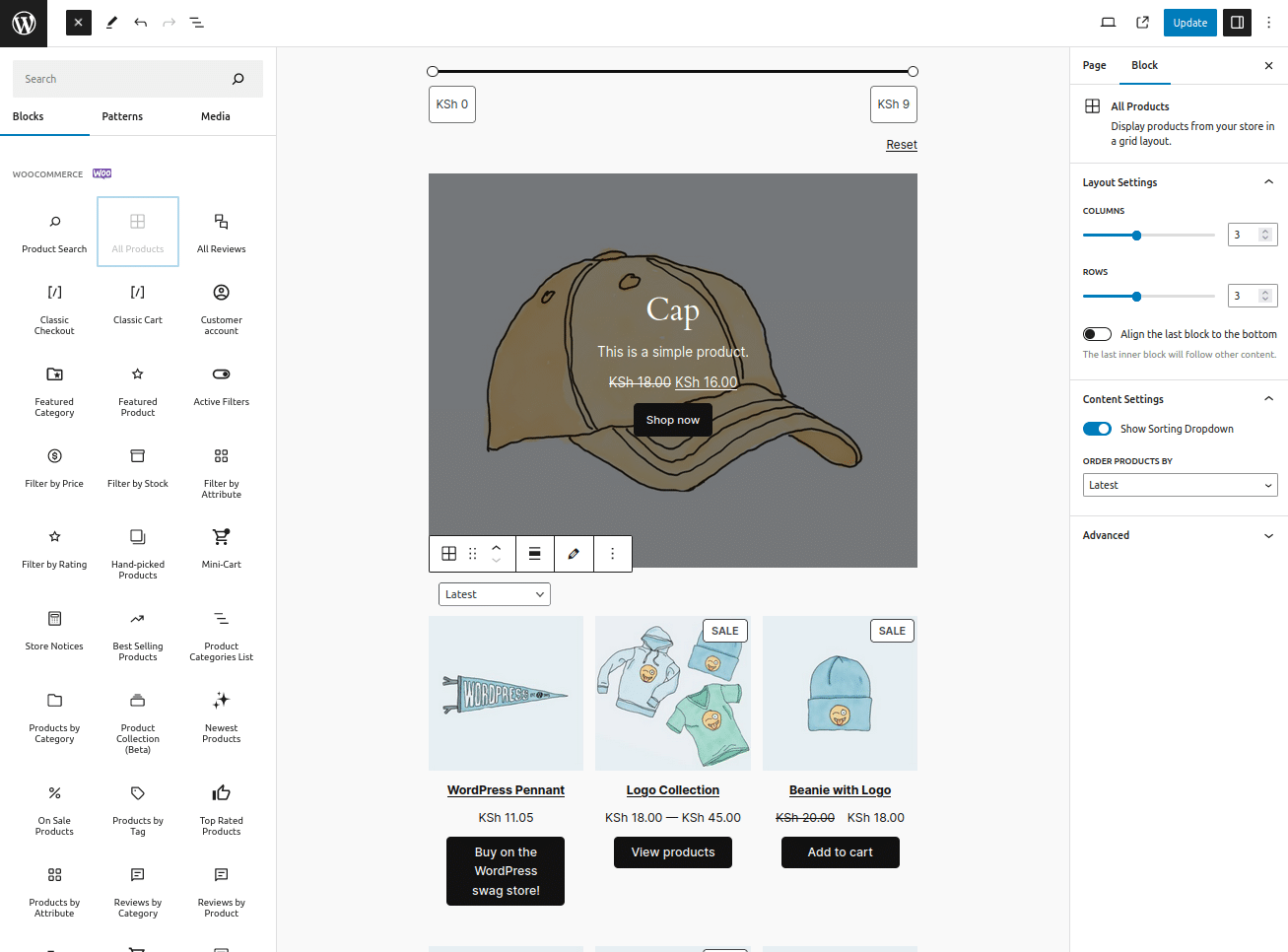 Der Block "Alle Produkte" wird verwendet, um das Produktraster auf der Shop-Seite hinzuzufügen