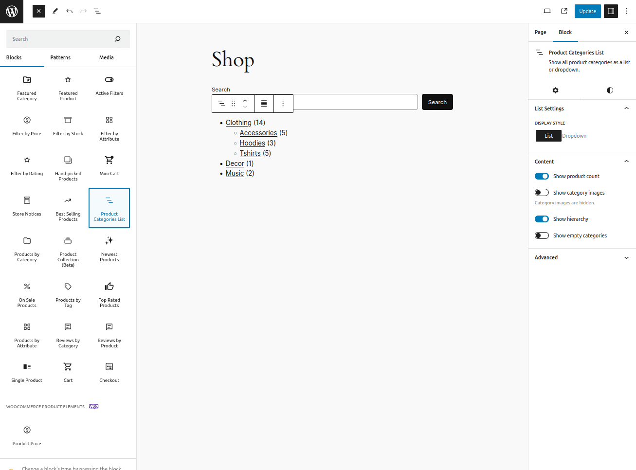 The block selection with the Product Categories List option selected