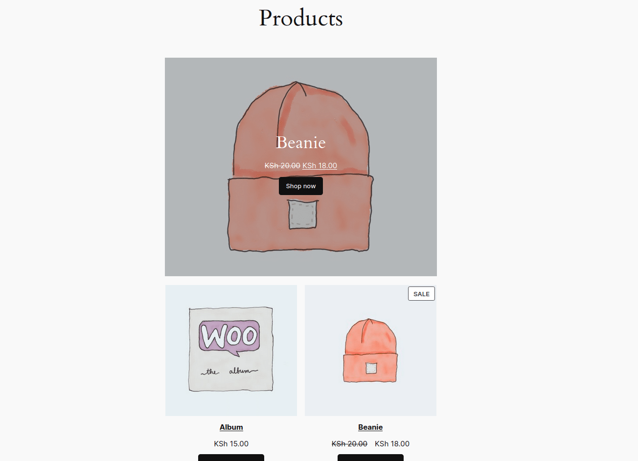 Preview of the updated Products page displaying the featured beanie item above the product grid