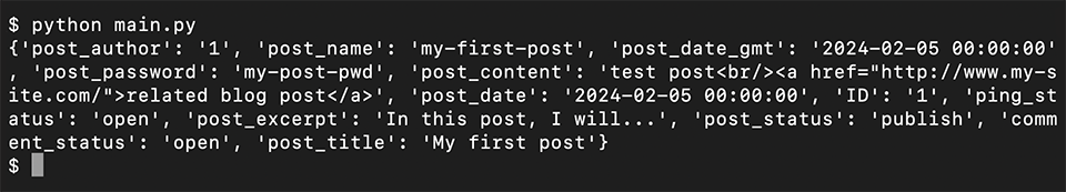 Saída do console mostrando o artigo do aplicativo Python adicionado ao armazenamento do Redis.