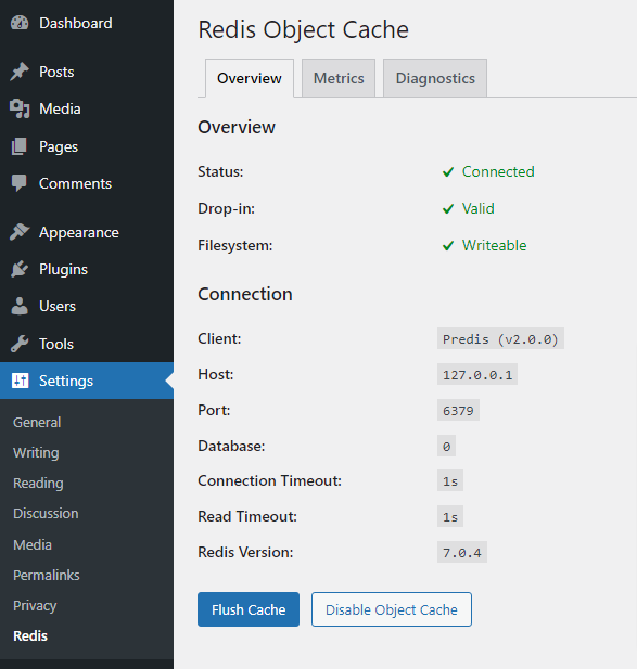 O plugin Redis Object Cache é exibido na aba de Settings.