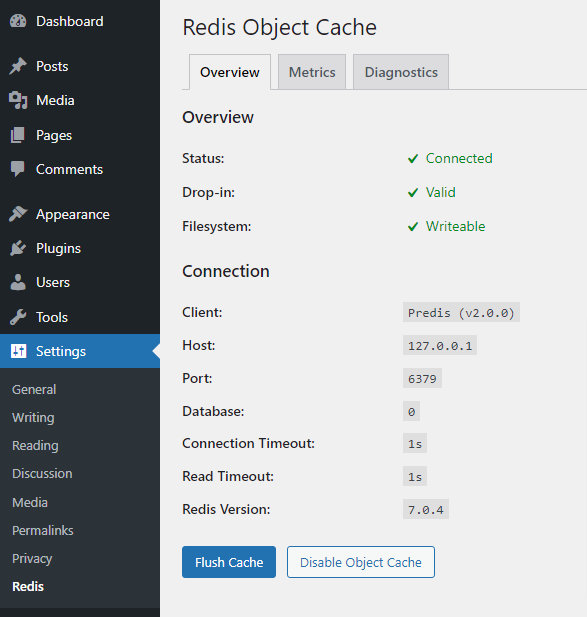 Screenshot: Instellingenpagina voor de Redis Object Cache plugin in WordPress.