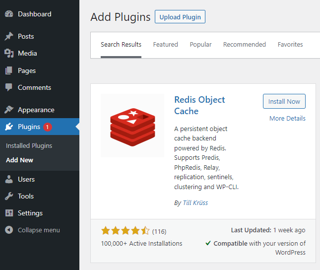 Screenshot: Selecting the Redis Object Cache plugin for installation in WordPress.