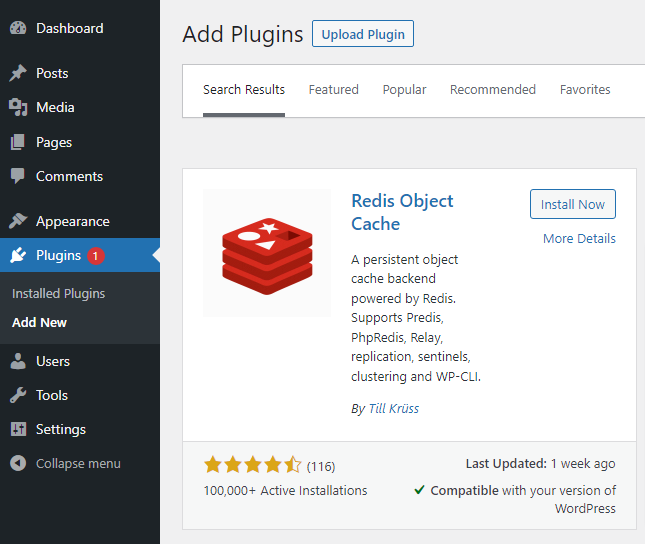 Screenshot: De Redis Object Cache plugin selecteren voor installatie in WordPress.