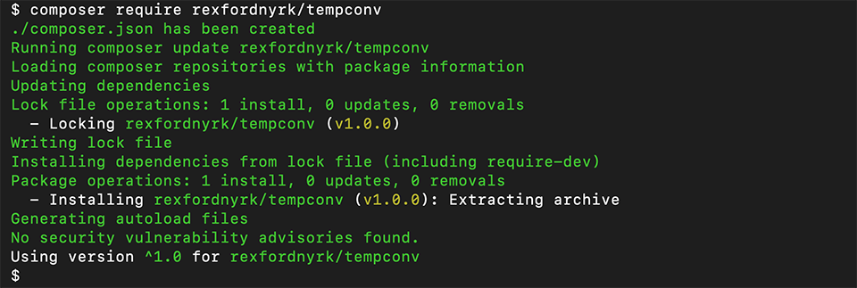 Screenshot of the terminal after adding a library to a project with Composer.