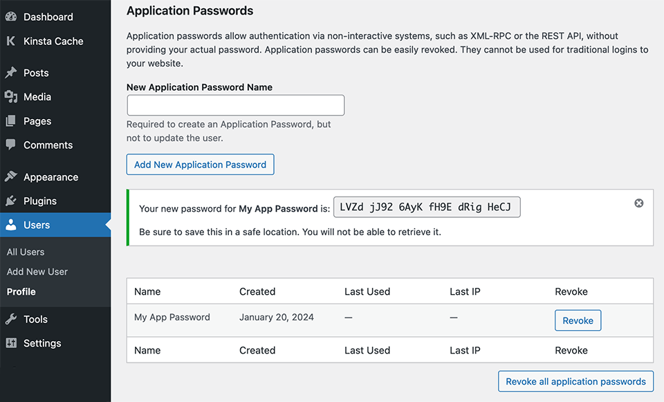 Der Screenshot zeigt die Schnittstelle zum Generieren eines API-Passworts in WordPress.