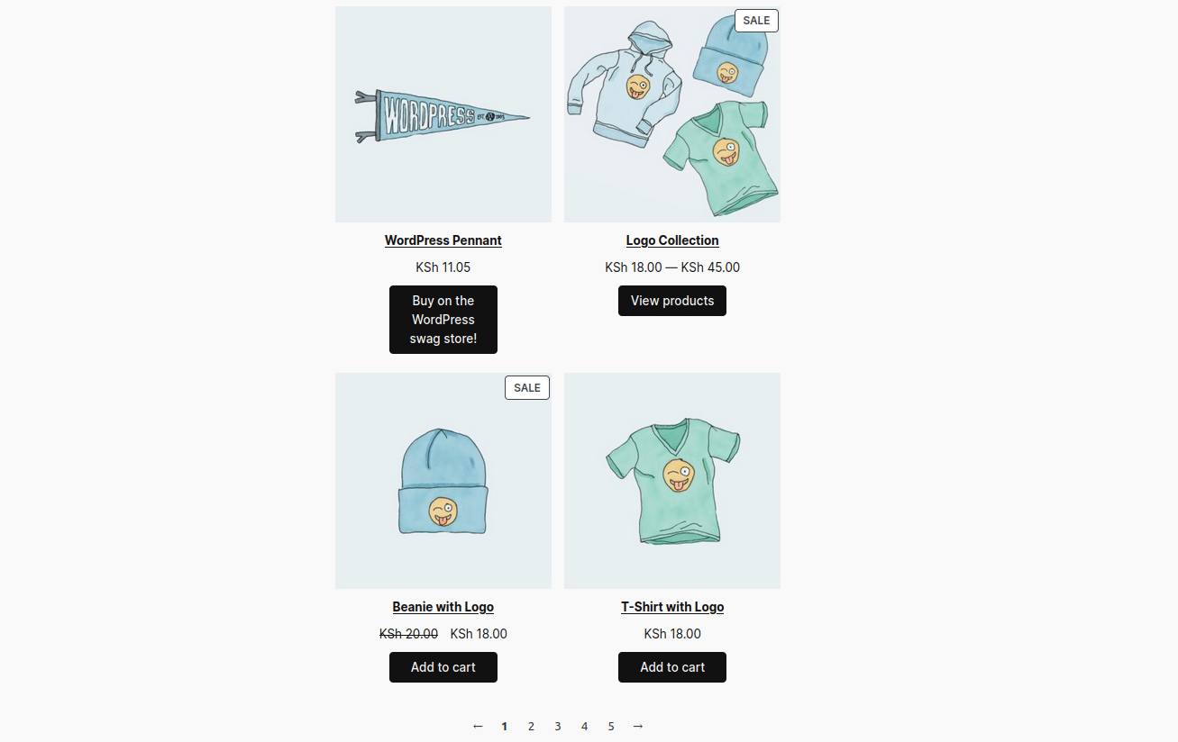 The Shop page lists the products in a 2-by-2 grid. Below each item is a button to add to cart or view the products