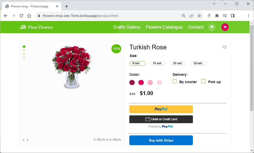 Die Kassenseite der Beispielseite zeigt Bild, Name, Preis, Größe, Farbe und Lieferoptionen an. Der Nutzer kann auf PayPal, Debit- oder Kreditkarte Powered by PayPal oder Kaufen mit Stripe klicken.