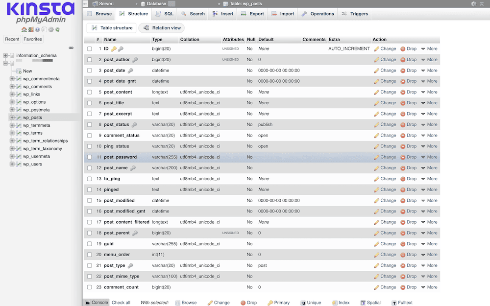 La pestaña "Estructura" de phpMyAdmin para la tabla "wp_posts" de una base de datos de WordPress. Muestra una lista de columnas con tipos, cotejo, atributos y acciones disponibles como cambiar y soltar.