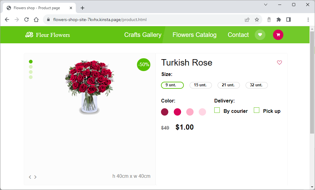 Options for ordering the Turkish Rose. There are size and color options, choice of delivery by courier or pick up, and the price
