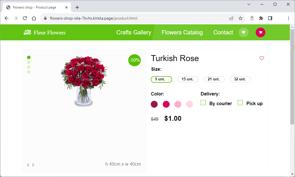 Opties om de Turkish Rose te bestellen. Er zijn maat- en kleuropties, keuze uit bezorging door een koerier of afhalen, en de prijs