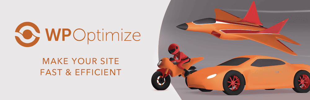 La imagen de cabecera de WordPress.org para el plugin WP-Optimize con el eslogan "Haz que tu sitio sea rápido y eficaz". El gráfico muestra una moto roja compitiendo contra un coche y un avión.