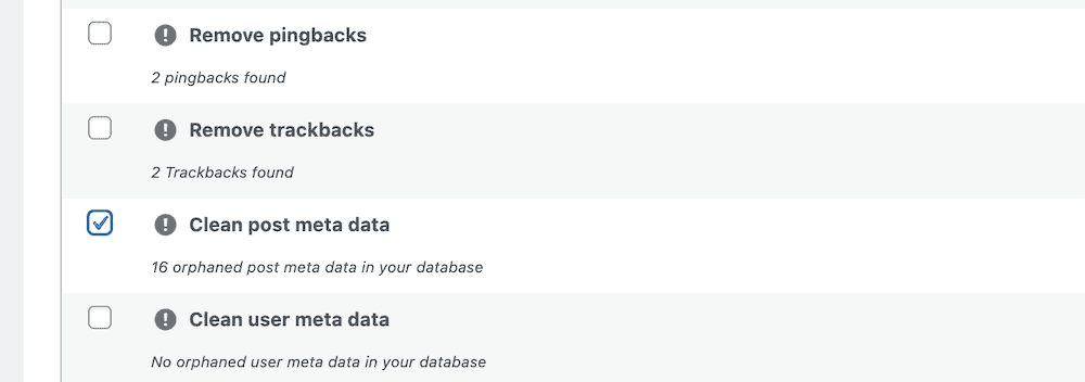 The WP-Optimize plugin interface displaying options for cleaning up the WordPress database, including removing pingbacks and trackbacks, cleaning post meta data, and cleaning user meta data with respective counts for each.