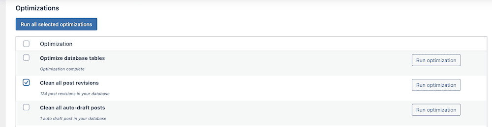 The WP-Optimize plugin dashboard with a focus on database optimization. Options include cleaning all post revisions and auto-draft posts, with a blue 'Run optimization' button next to each task.