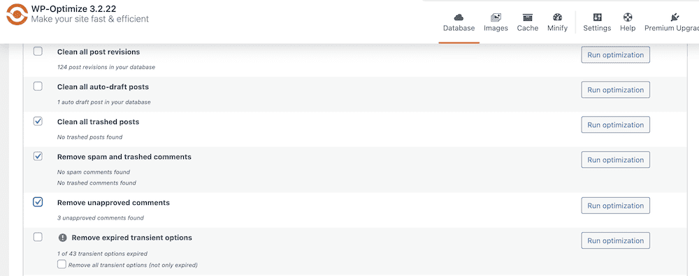 A section of the WP-Optimize plugin in the WordPress dashboard showing various cleanup options such as removing spam and trashed comments, unapproved comments, and expired transient options, with checkboxes to select each optimization task.