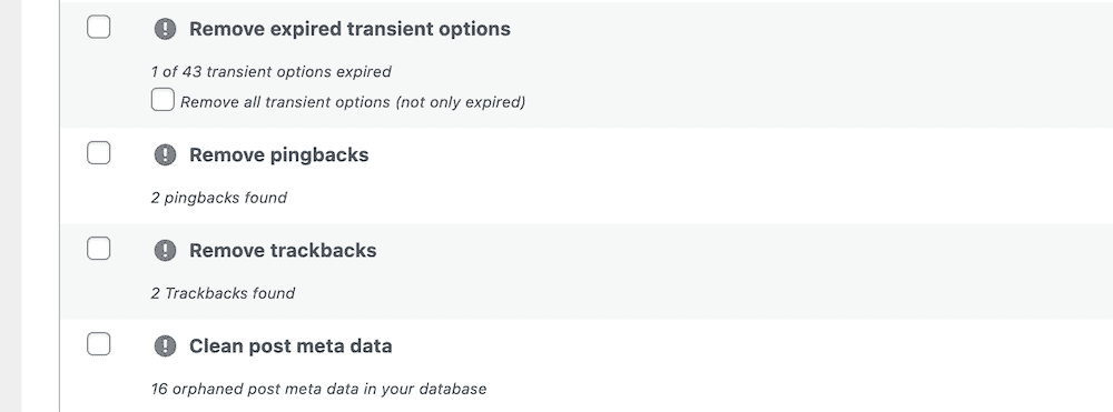 The WordPress dashboard displaying the WP-Optimize plugin settings with options to remove expired transient options, pingbacks, trackbacks, and to clean post meta data, showing counts of items found for each category.