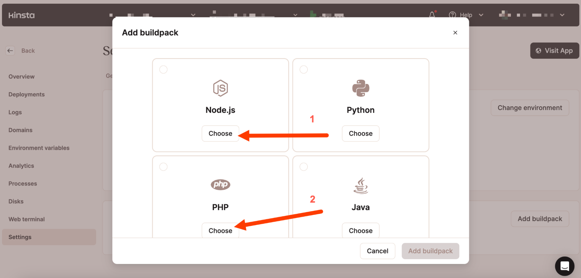 Add buildpack screen, select Node.js and PHP