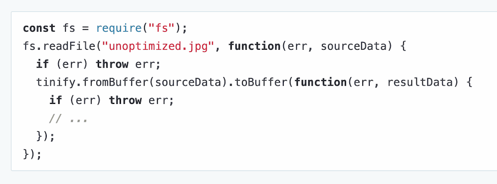 Een gedetailleerde weergave van Node.js code die laat zien hoe je een ongeoptimaliseerd JPEG bestand leest met behulp van de bestandssysteem module, en optimaliseert met behulp van TinyPNG's Tinify API.