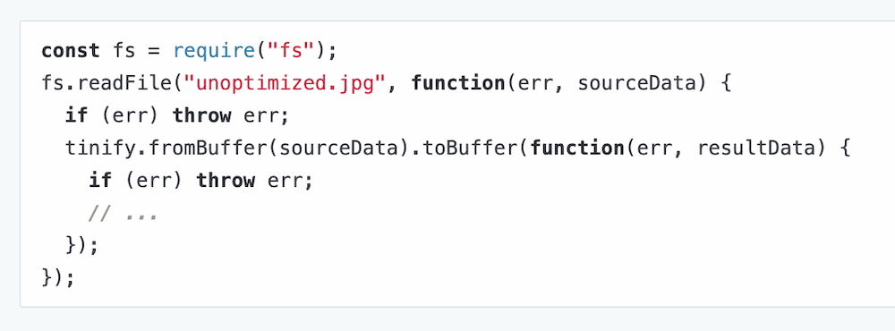 A detailed view of Node.js code displaying how to read an unoptimized JPEG file using the filesystem module, and optimize it using TinyPNG's Tinify API.