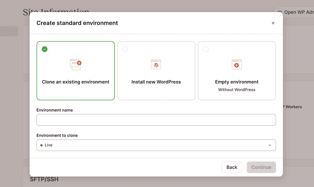 A Kinsta hosting interface offering options to create a standard environment. The 'Clone an existing environment' option is highlighted, with fields for environment name and selection of the environment to clone.