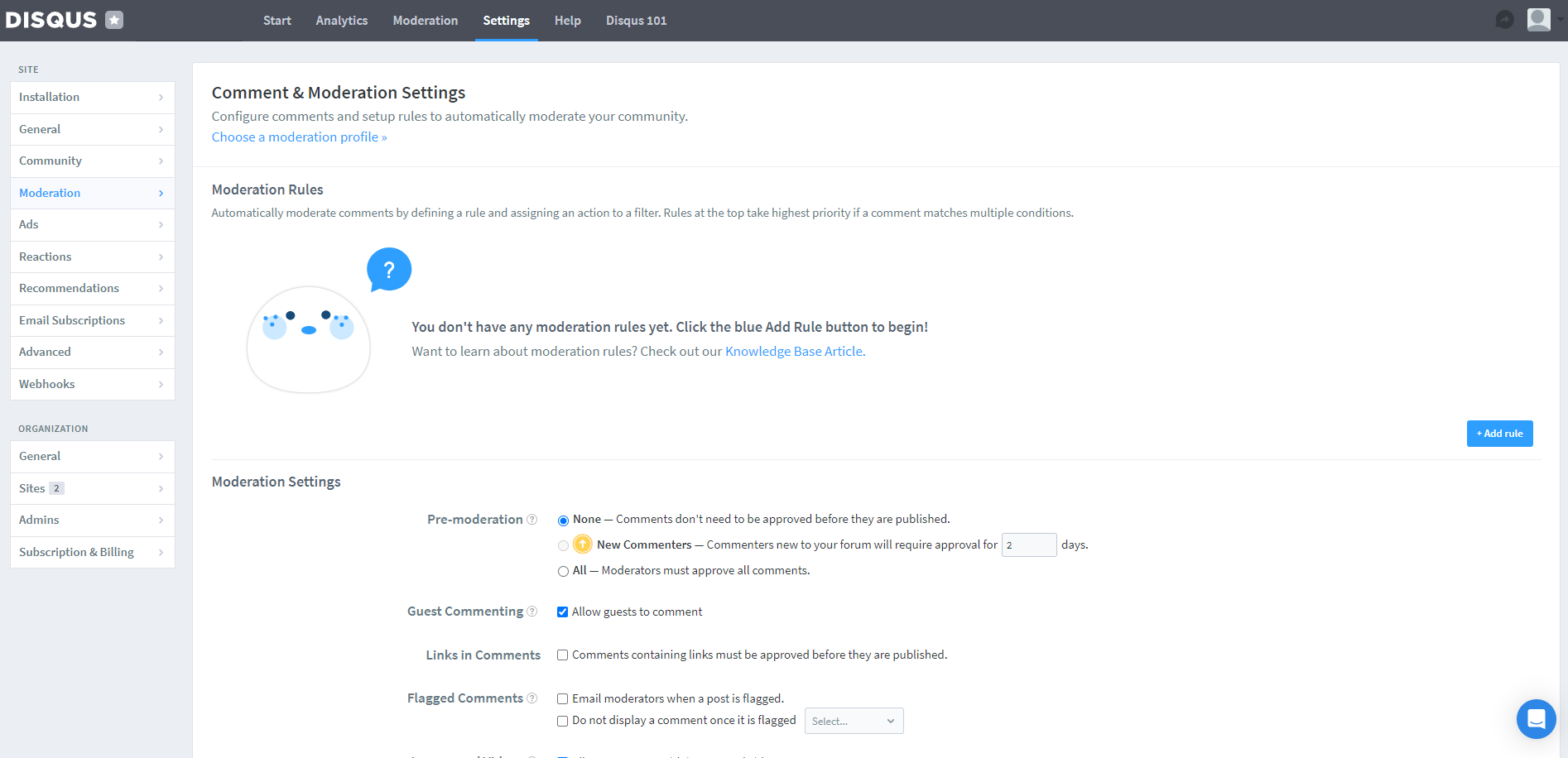 Comment and moderation settings page in the Disqus dashboard