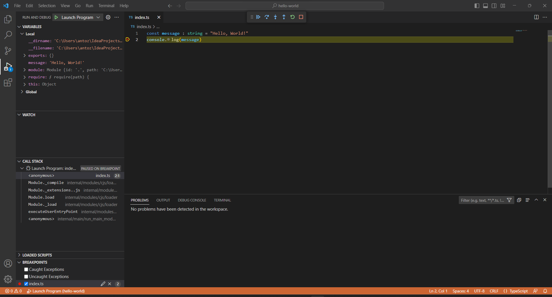 Visual Studio Codeでデバッグの動作を確認している最中のスクリーンショット