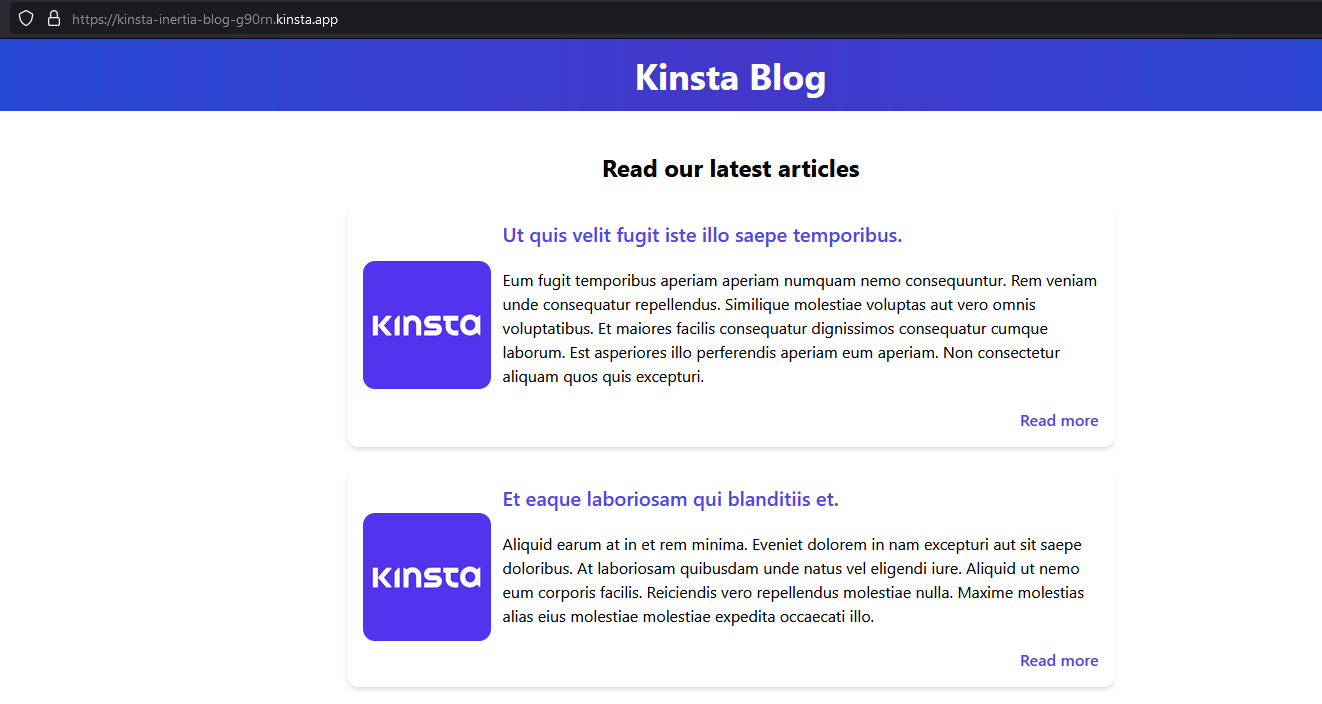 La página de inicio de la aplicación con el título Blog Kinsta y una lista de artículos con texto de marcador de posición