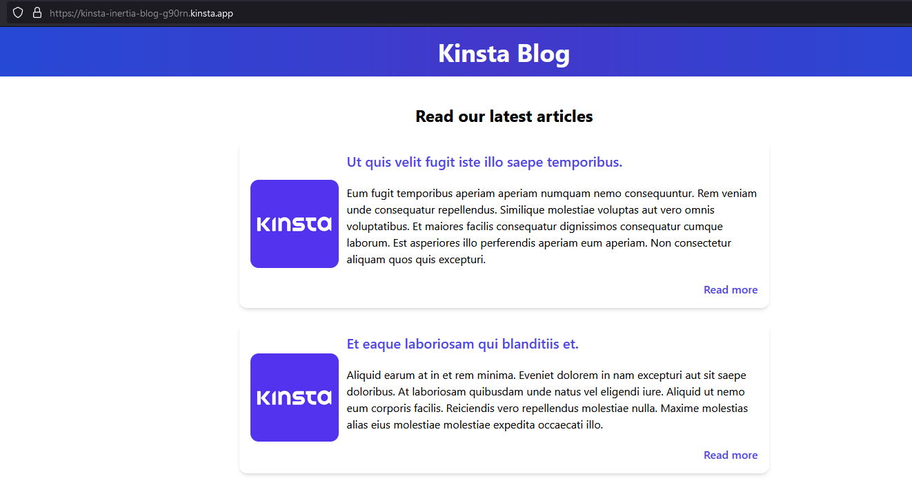 O aplicativo Laravel-Inertia foi implantado com sucesso na Kinsta.