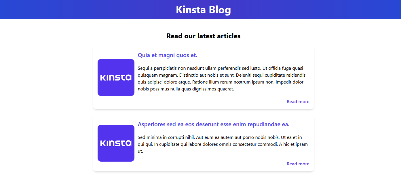 O aplicativo Kinsta Blog com um título e uma lista de artigos.